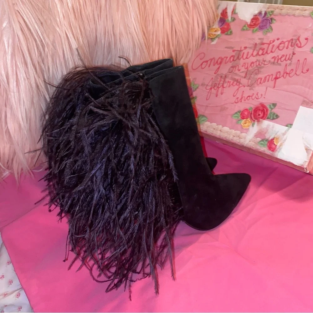 Jeffrey Campbell Ostrich feather leather suede Vain stiletto boots highheels 7.5 - Picture 7 of 13